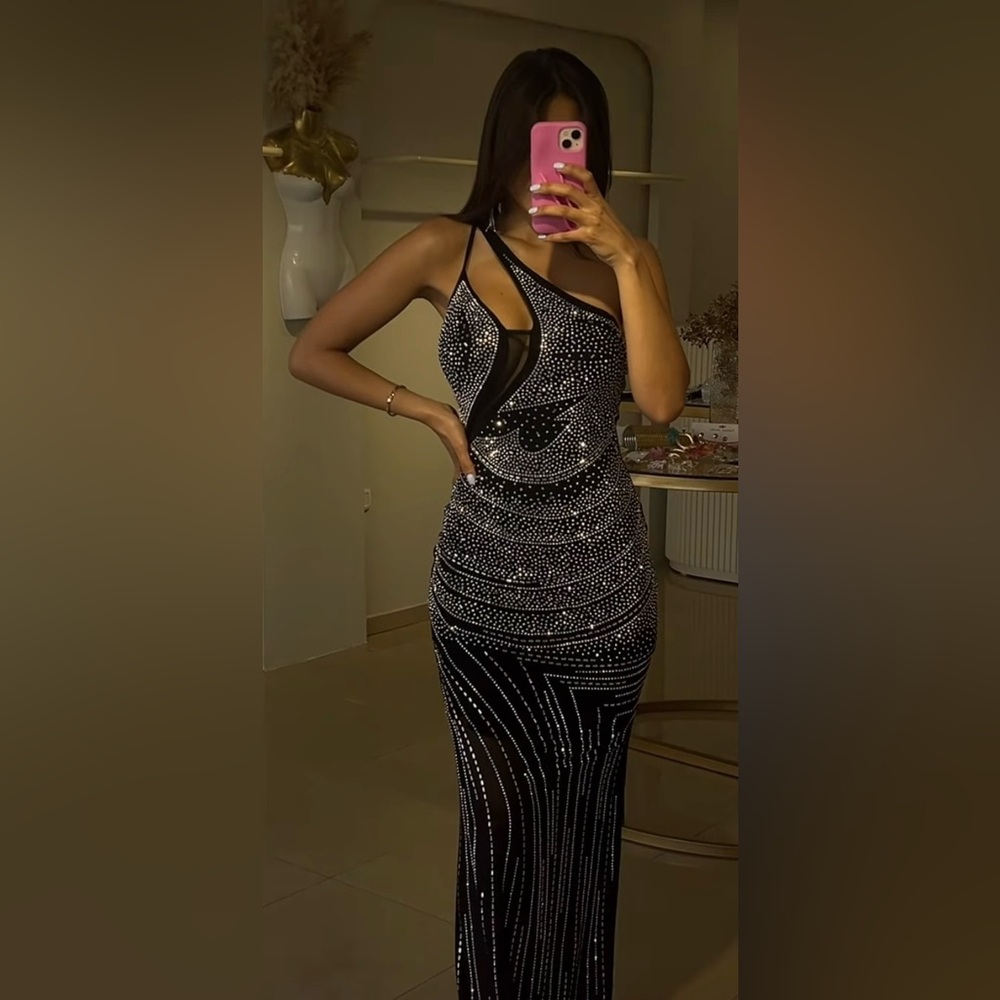 Long Sheer Black with Rhinestones Dress